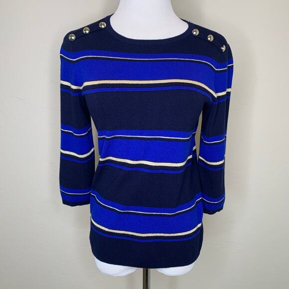 Navy Royal Blue Gold Metallic Striped Sweater Gold Buttons Sz Medium - Picture 1 of 9